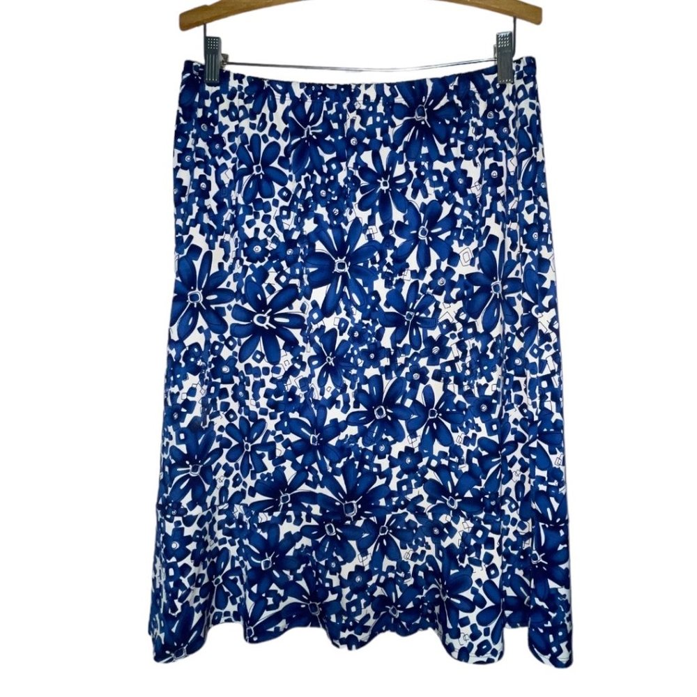 Christopher & Banks Blue White Flounce Hem Midi Skirt Elastic Waist L